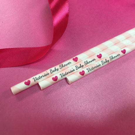 Personalised Pink & White Stripe Paper Drinking Straws 8mm x 200mm