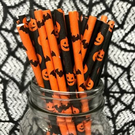 Halloween Bats and pumpkin selection narrow paper drinking straw 200x6mm - at home and party use