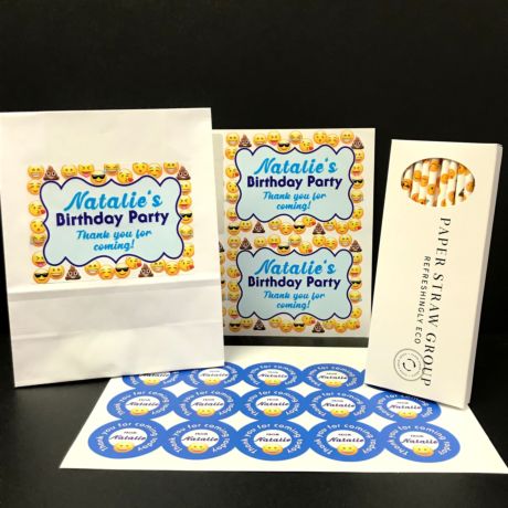Personalised Emoji Party Pack - Pack of 15 Party Bags, Box of 38 Paper Straws