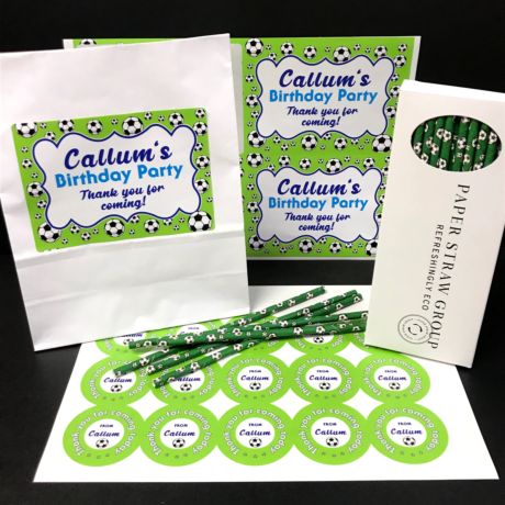 Personalised Football Party Pack - Pack of 15 Party Bags, Box of 38 Paper Straws 
