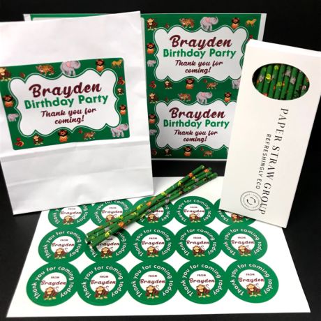 Personalised Jungle Party Pack - Pack of 15 Party Bags, Box of 38 Paper Straws