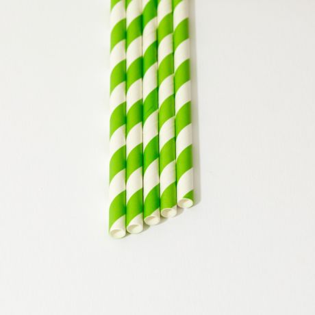 Green and White Striped Narrow Paper Drinking Straw 200x6mm - At Home and Party Use