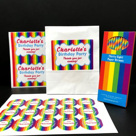 Personalised Rainbow Party Pack - Pack of 15 Party Bags, Box of 38 Paper Straws 