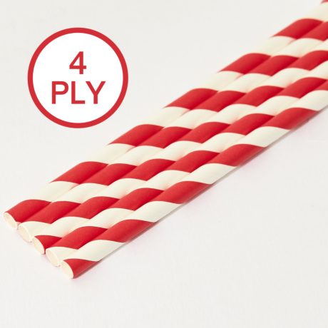 Red & White Stripe, 4 PLY Super Strength Paper Drinking Straw 8MM x 200MM 