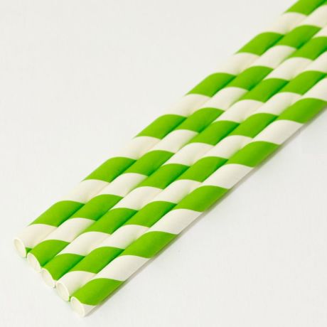 Green and White Striped Medium Paper Drinking Straw 200x8mm - At Home and Party Use